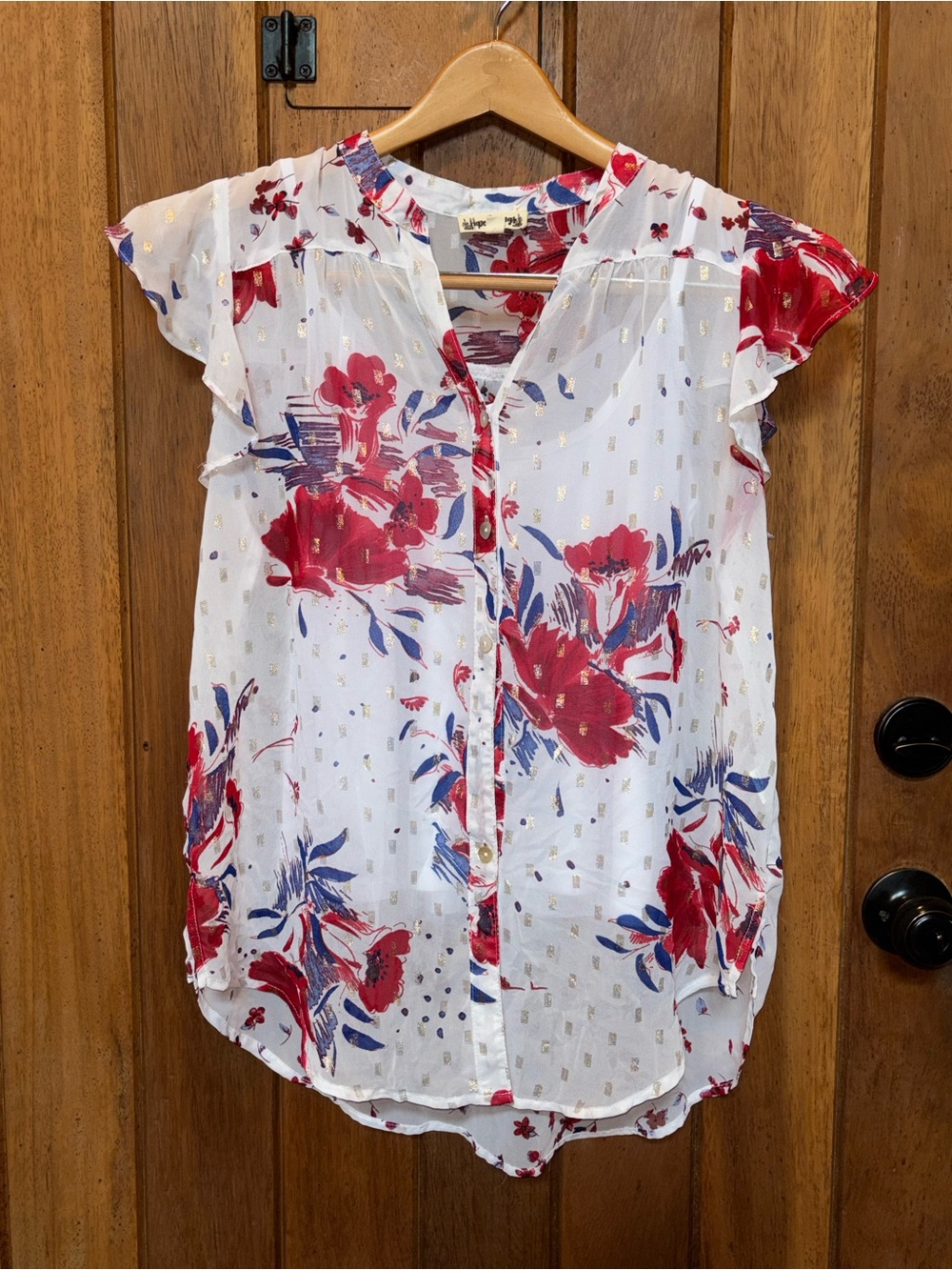 Hope Springs Floral Button-Front Ruffle Sleeve Top - White & Red